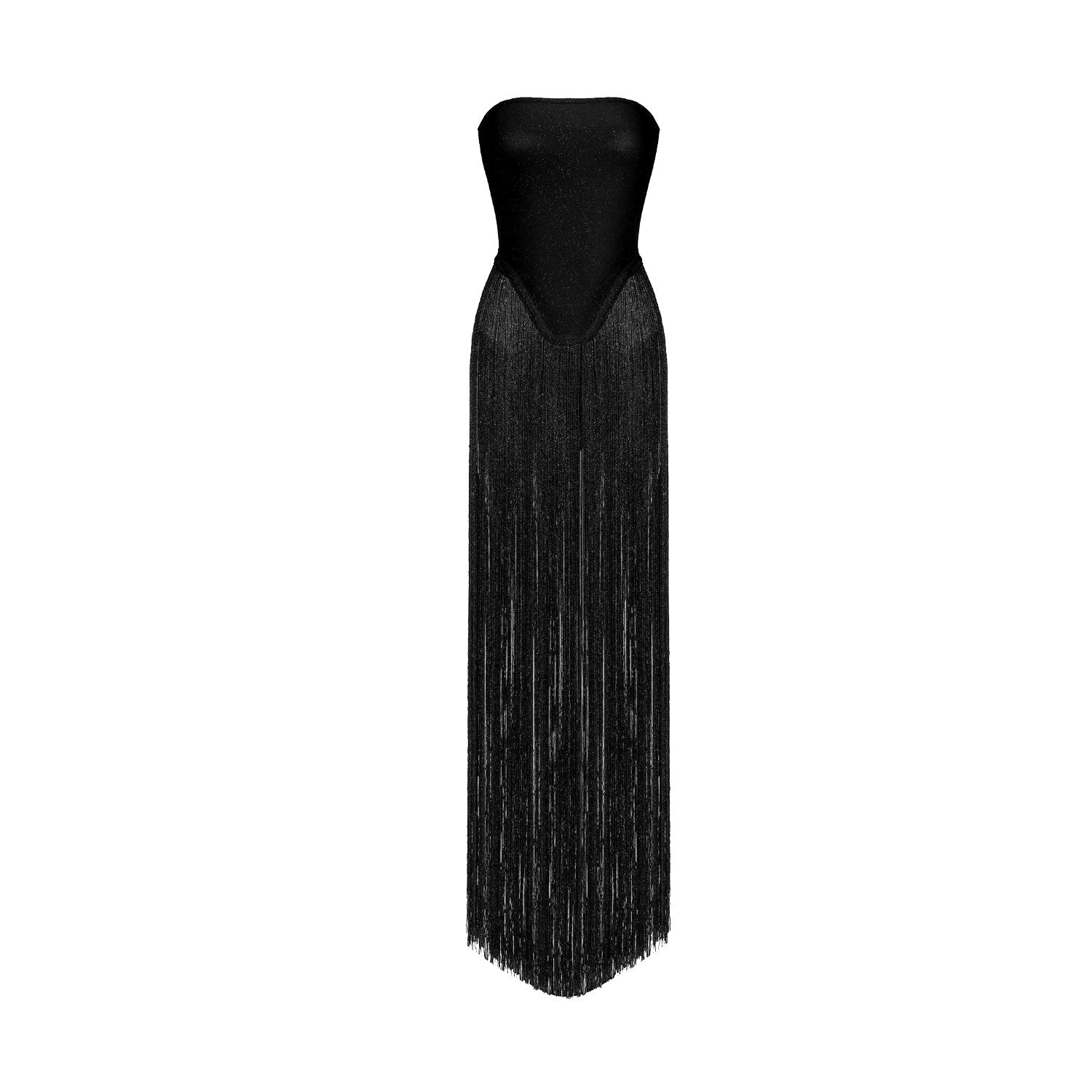 Helen Bodysuit Fringe Strapless Dress in Black Avalabel