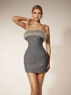 victoria Spaghetti Faux Fur Mini Dress in grey Avalabel
