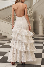 hazel white Deep V-neck halterneck layer ruffle trim maxi dress Avalabel