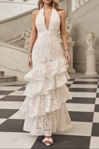 hazel white Deep V-neck halterneck layer ruffle trim maxi dress Avalabel