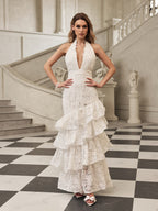 hazel white Deep V-neck halterneck layer ruffle trim maxi dress Avalabel