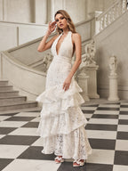 hazel white Deep V-neck halterneck layer ruffle trim maxi dress Avalabel