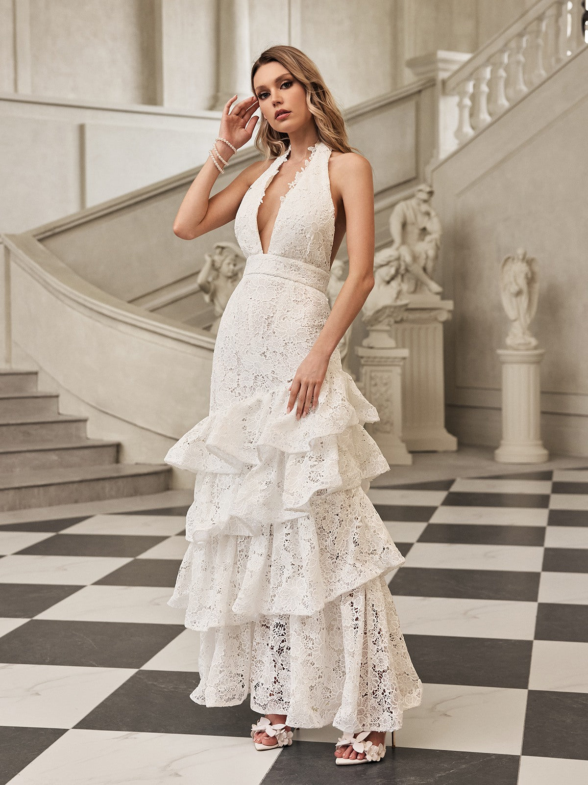 hazel white Deep V-neck halterneck layer ruffle trim maxi dress Avalabel