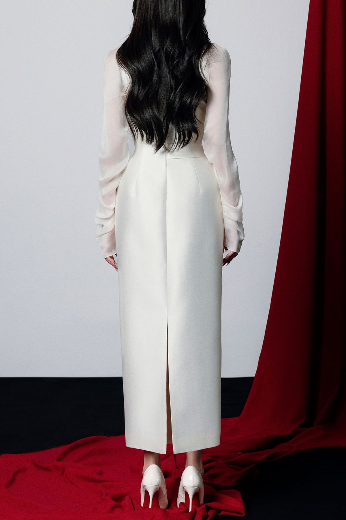 Griselda Boat Neck Gathered Midi Dress in Ivory Avalabel