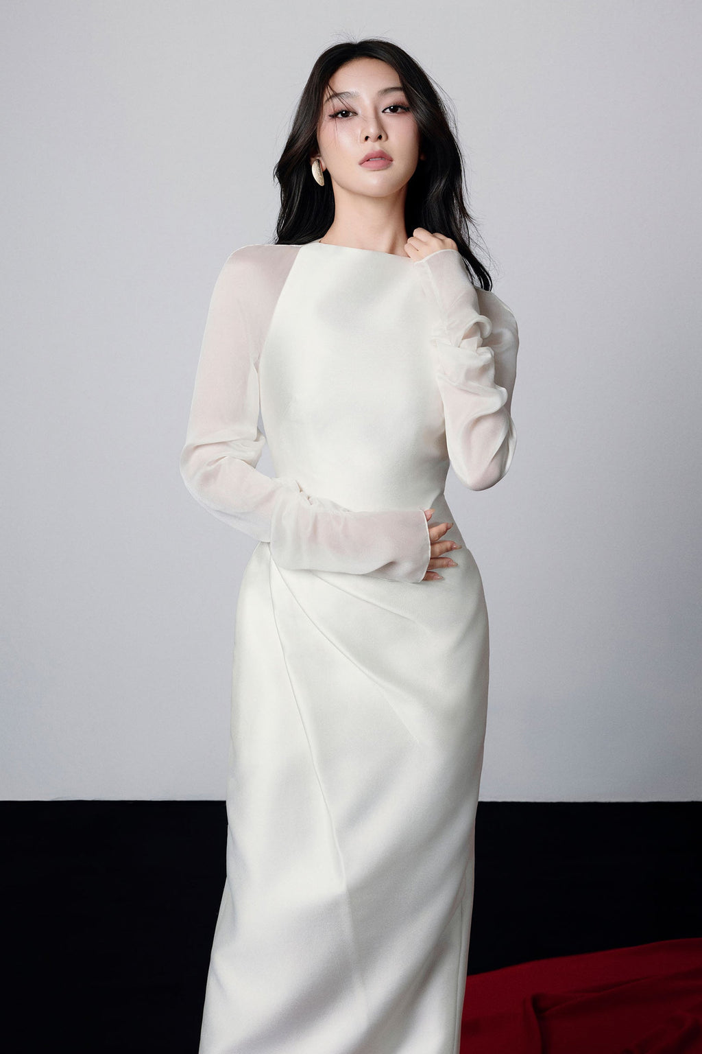 Griselda Boat Neck Gathered Midi Dress in Ivory Avalabel