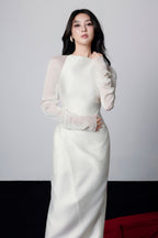 Griselda Boat Neck Gathered Midi Dress in Ivory Avalabel