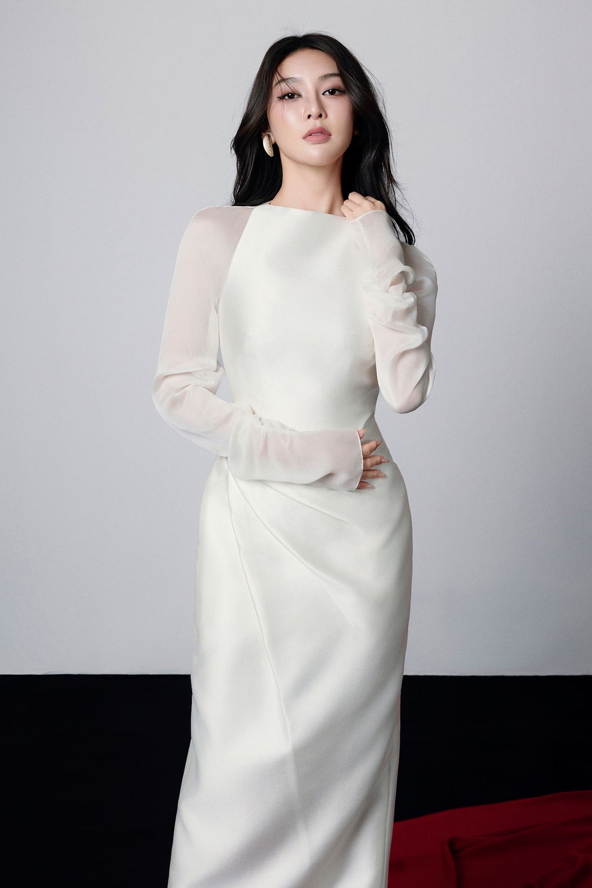 Griselda Boat Neck Gathered Midi Dress in Ivory Avalabel
