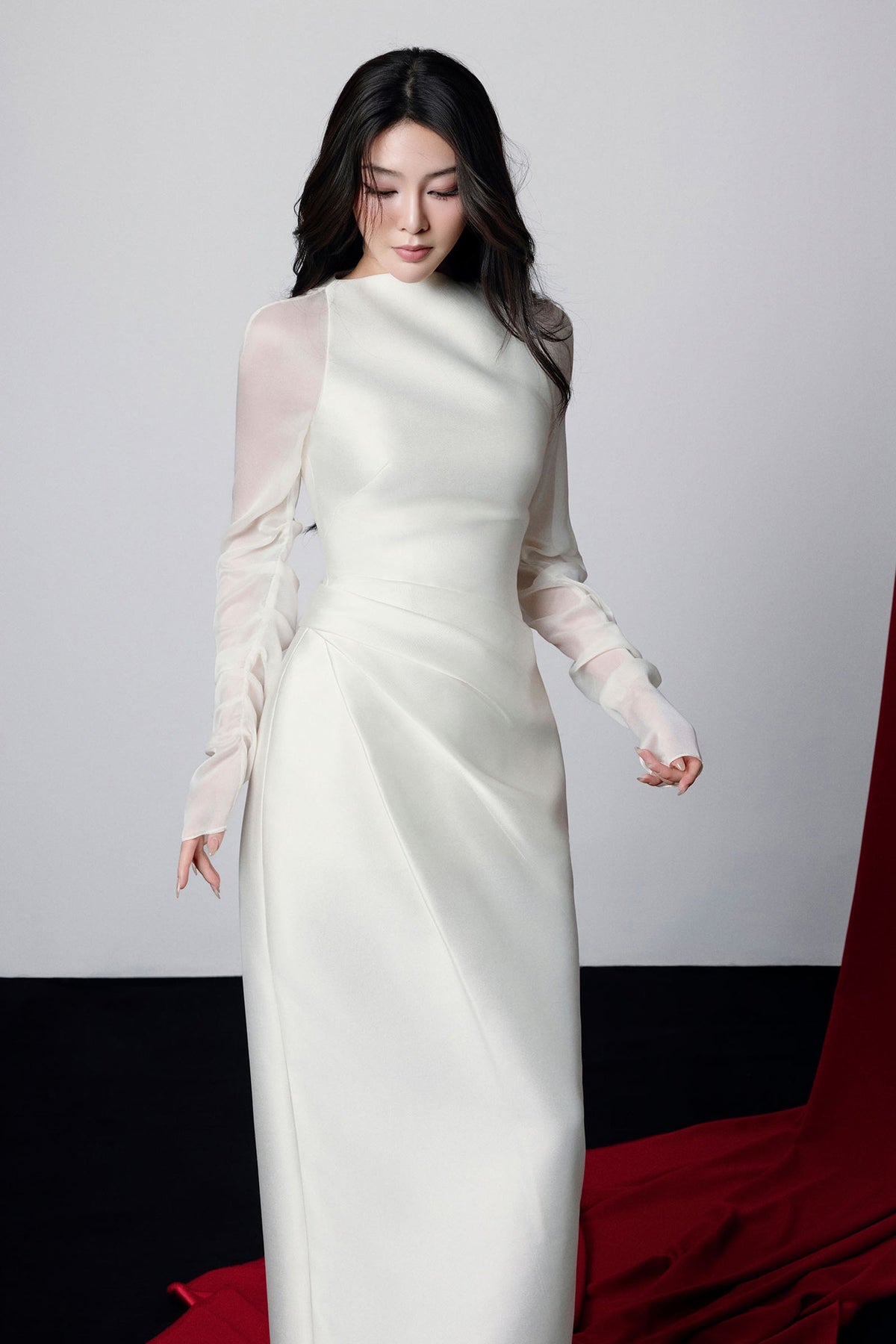 Griselda Boat Neck Gathered Midi Dress in Ivory Avalabel