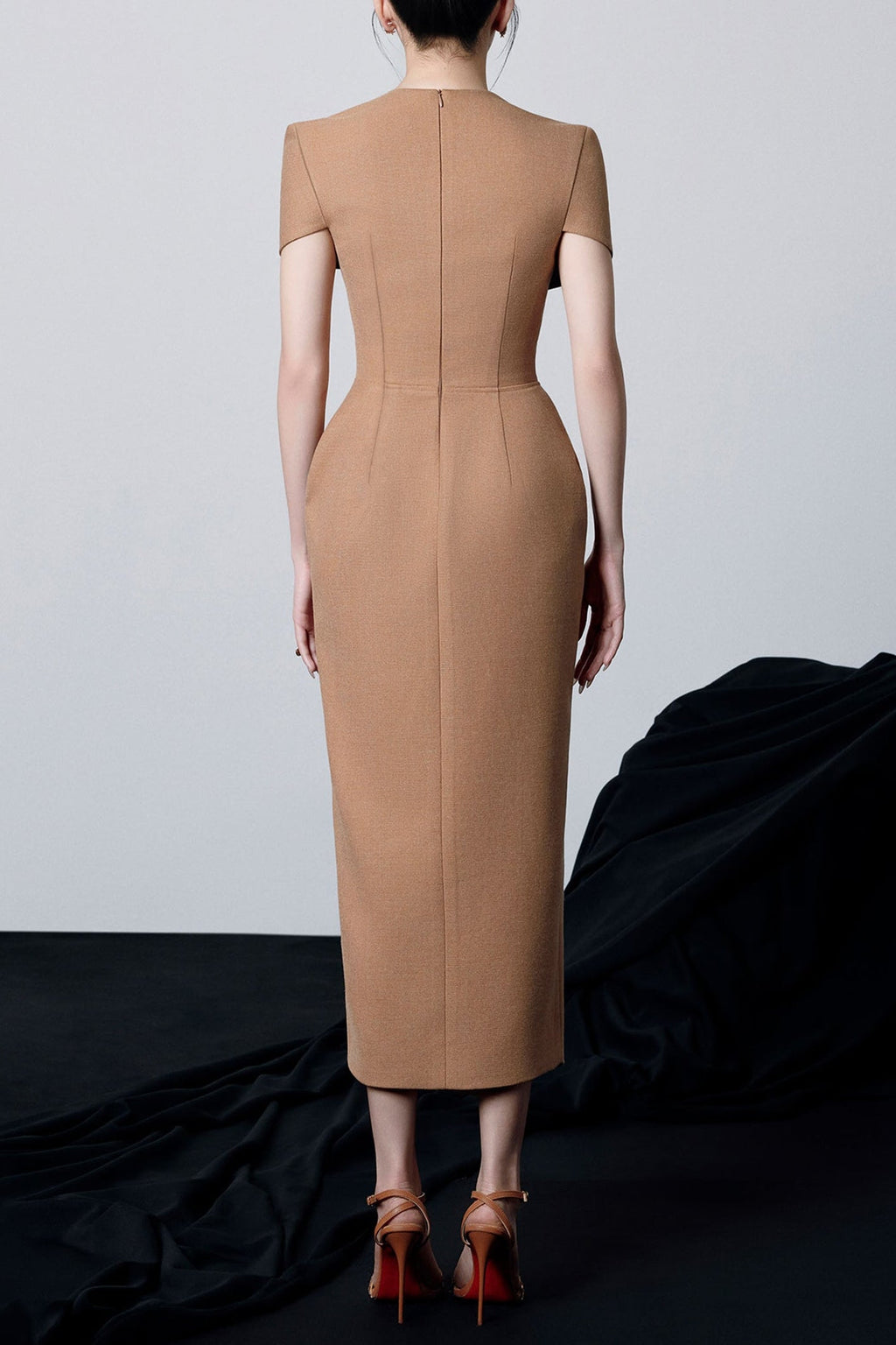 Beverly V-Neck Draped Slit Midi Dress in Brown Avalabel