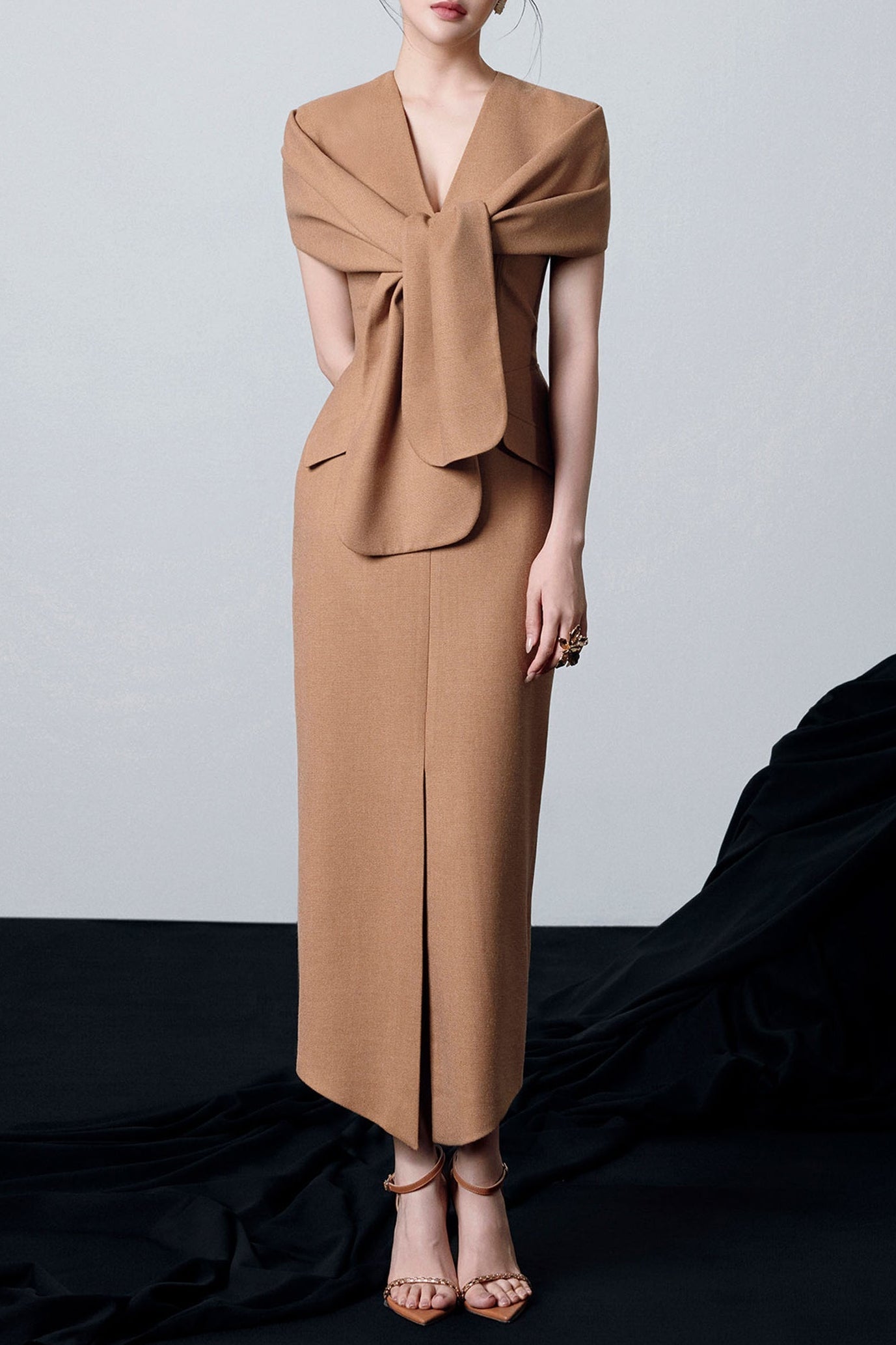 Beverly V-Neck Draped Slit Midi Dress in Brown Avalabel
