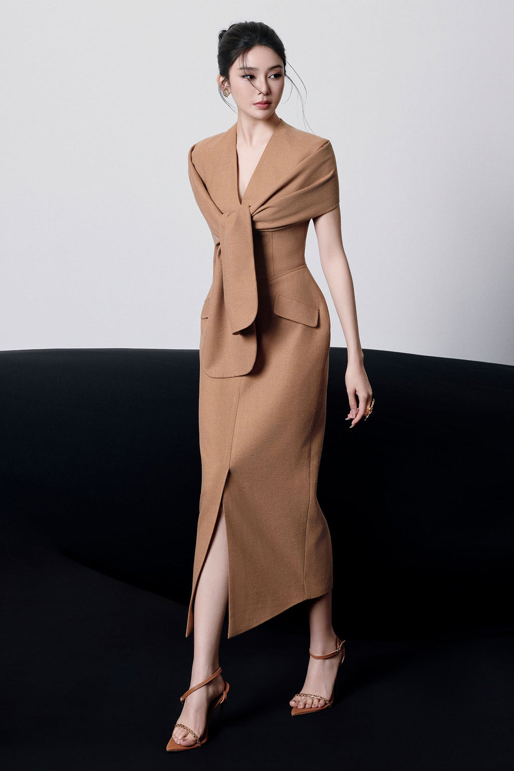 Beverly V-Neck Draped Slit Midi Dress in Brown Avalabel