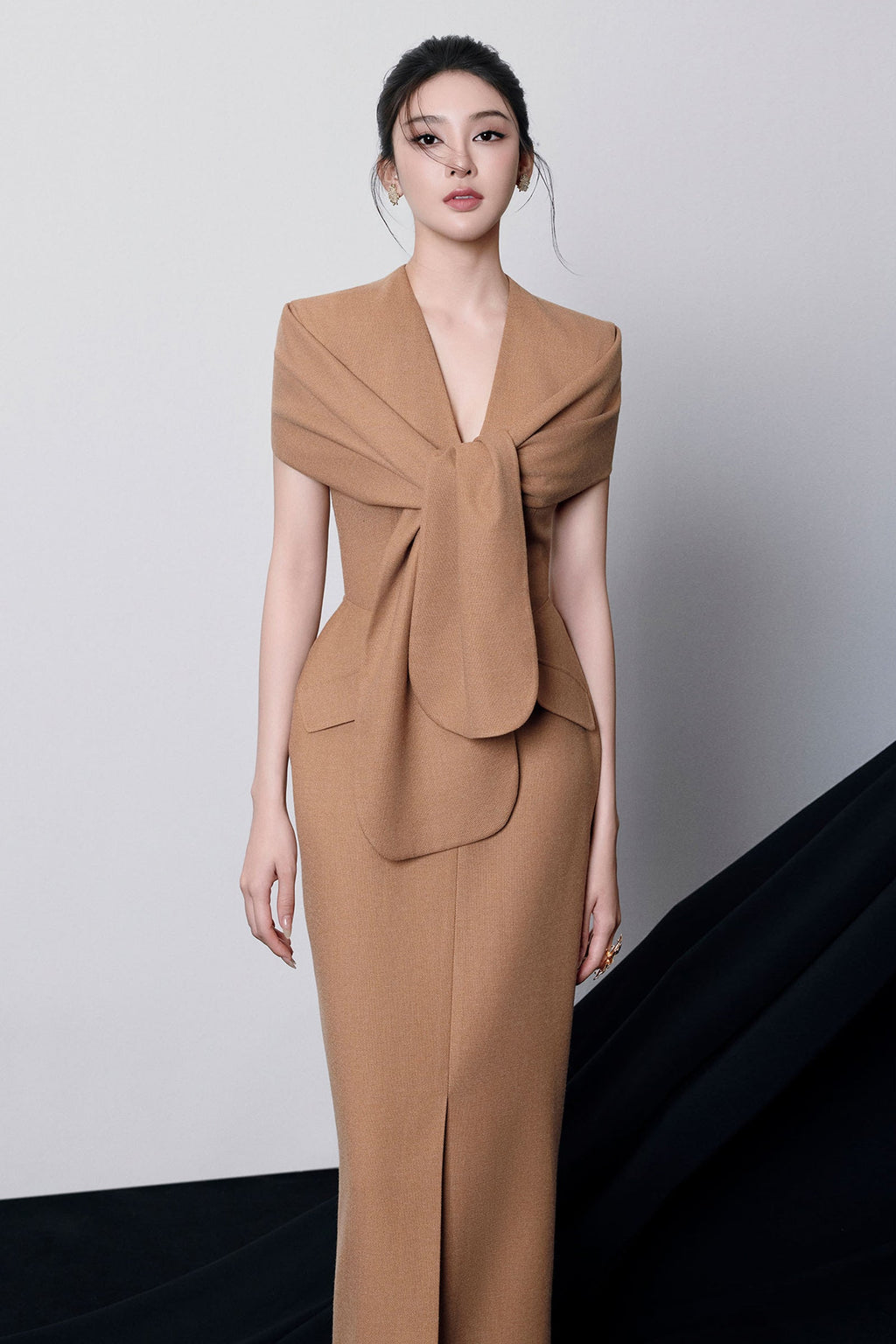 Beverly V-Neck Draped Slit Midi Dress in Brown Avalabel