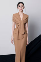 Beverly V-Neck Draped Slit Midi Dress in Brown Avalabel