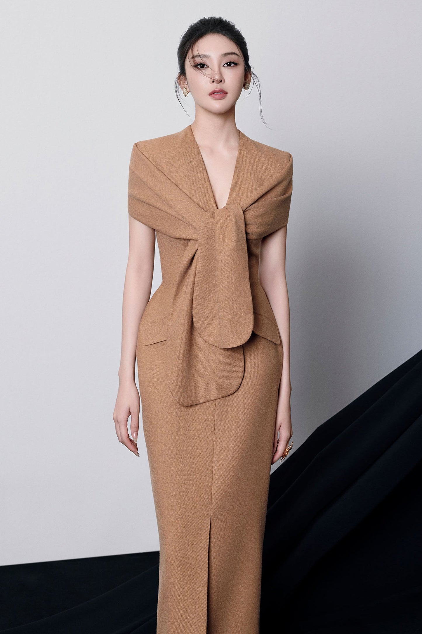 Beverly V-Neck Draped Slit Midi Dress in Brown Avalabel