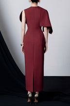 Genevieve Asymmetric Sleeve Draped Midi Dress in Burgundy Avalabel