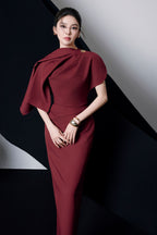 Genevieve Asymmetric Sleeve Draped Midi Dress in Burgundy Avalabel