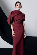 Genevieve Asymmetric Sleeve Draped Midi Dress in Burgundy Avalabel