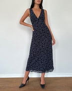 Gabriela Midi Dress in Flocked Petal Navy Avalabel