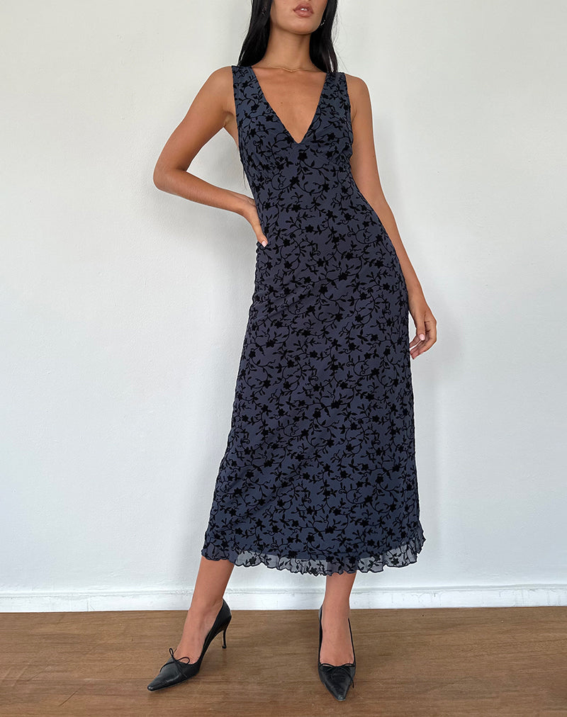 Gabriela Midi Dress in Flocked Petal Navy Avalabel