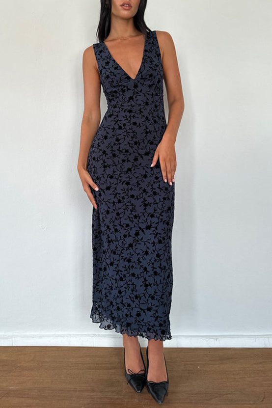 Gabriela Midi Dress in Flocked Petal Navy Avalabel