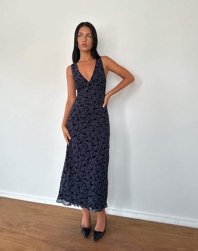 Gabriela Midi Dress in Flocked Petal Navy Avalabel