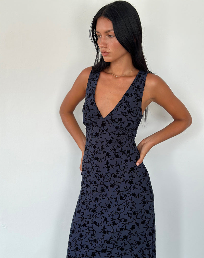 Gabriela Midi Dress in Flocked Petal Navy Avalabel