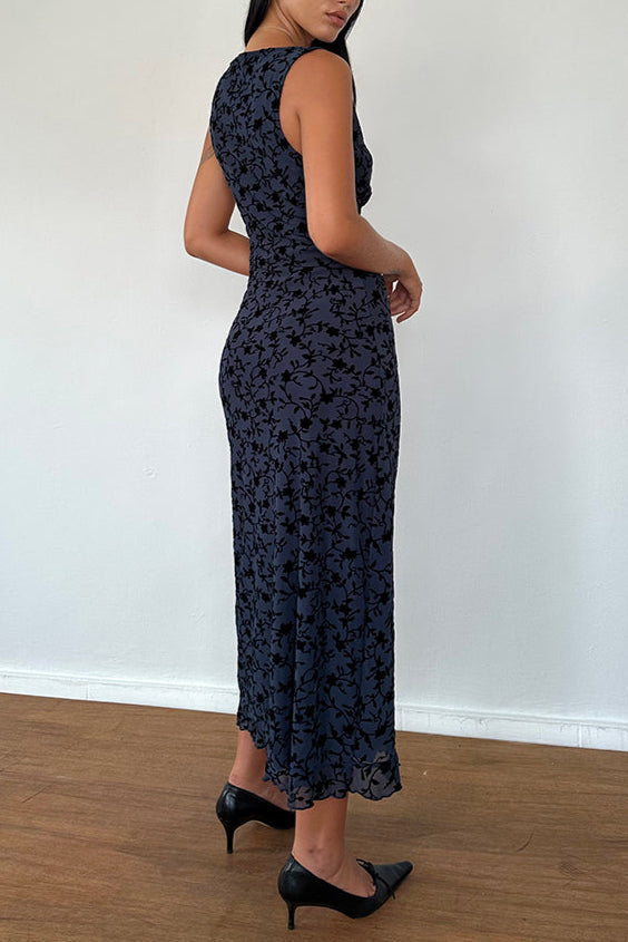 Gabriela Midi Dress in Flocked Petal Navy Avalabel