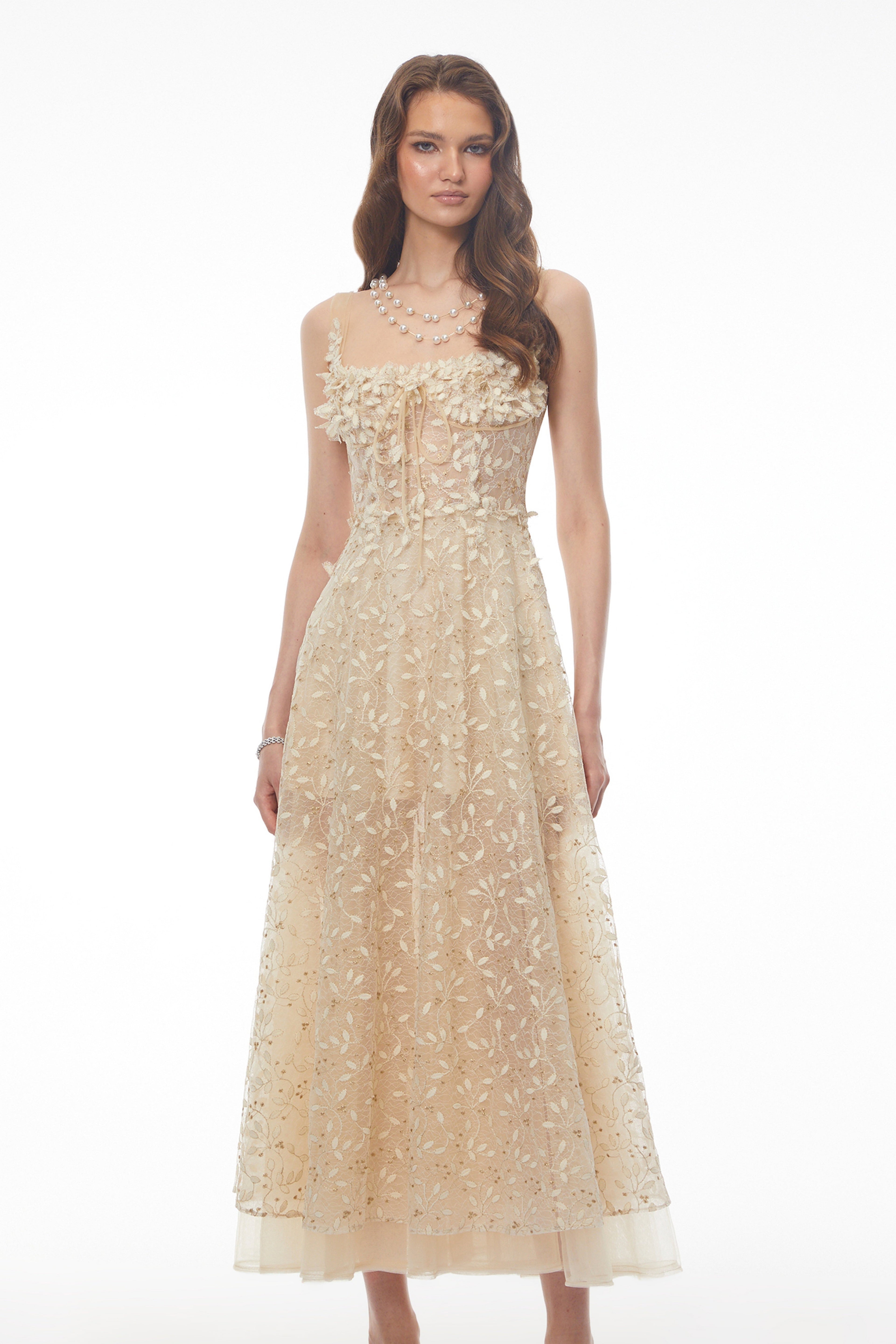 Gabriella Champagne Tulle Maxi Dress with 3D Petals Avalabel