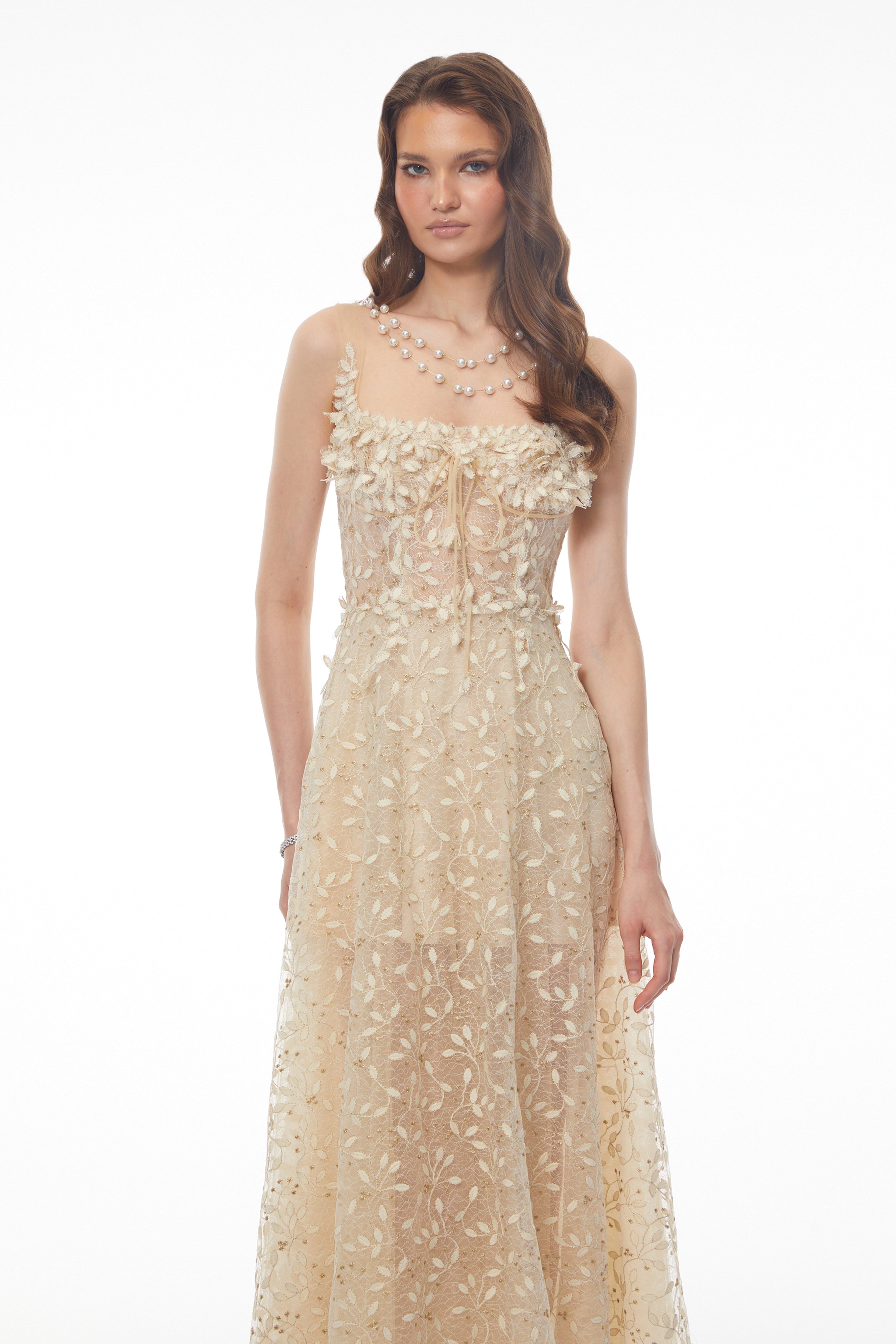 Gabriella Champagne Tulle Maxi Dress with 3D Petals Avalabel