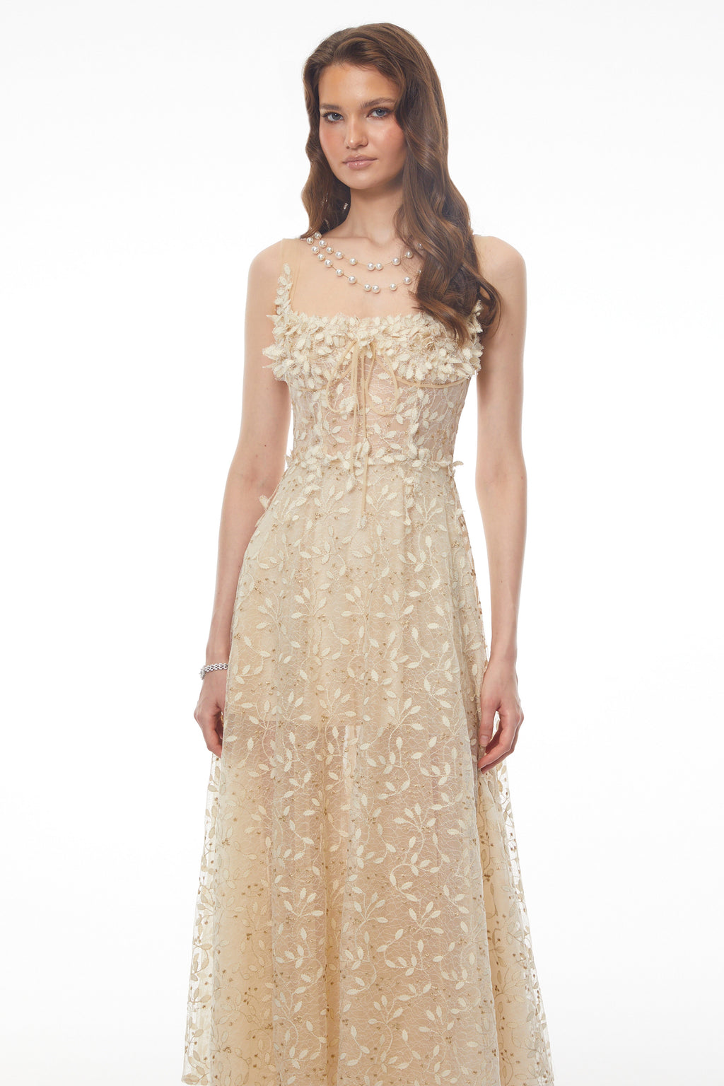 Gabriella Champagne Tulle Maxi Dress with 3D Petals Avalabel