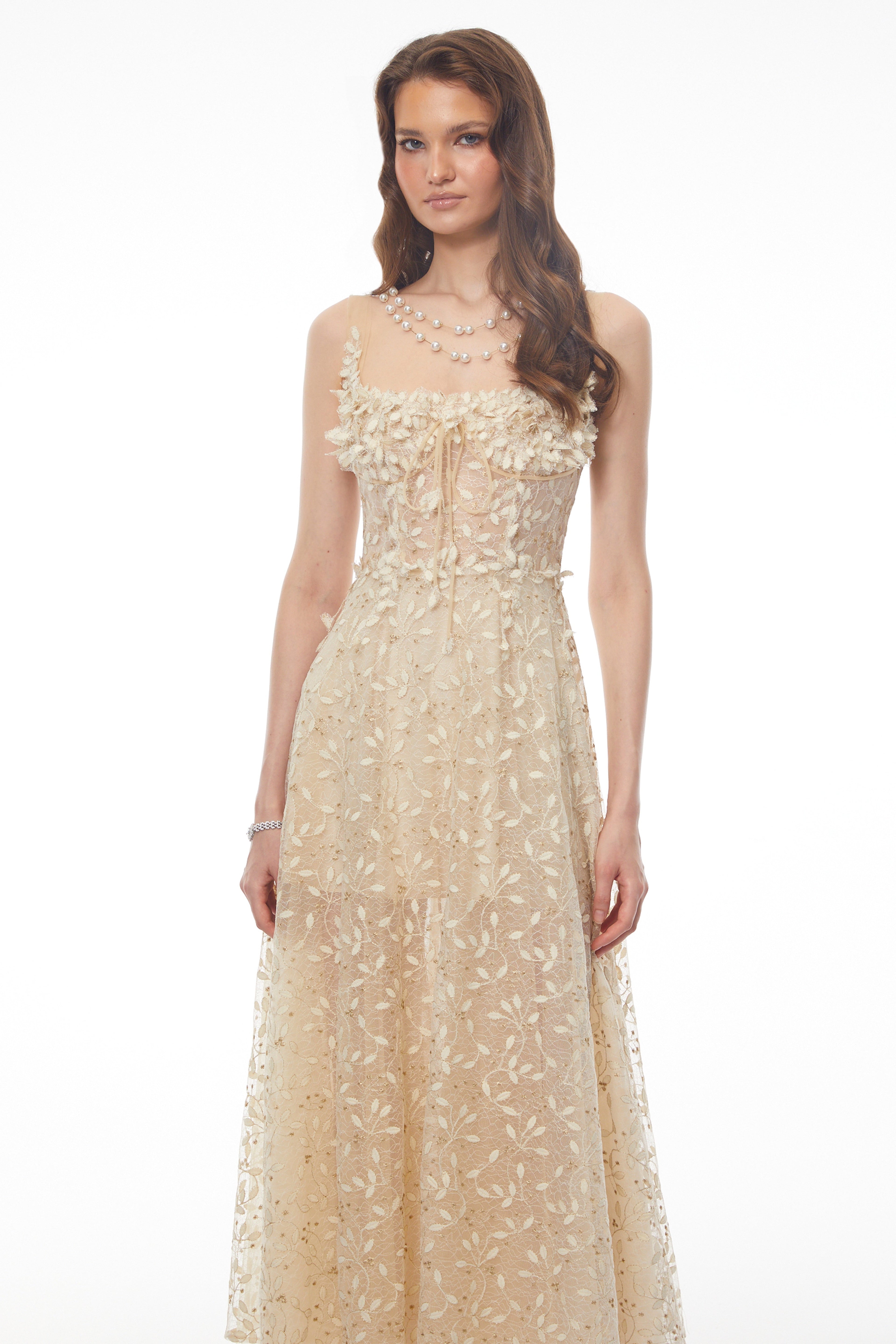 Gabriella Champagne Tulle Maxi Dress with 3D Petals Avalabel