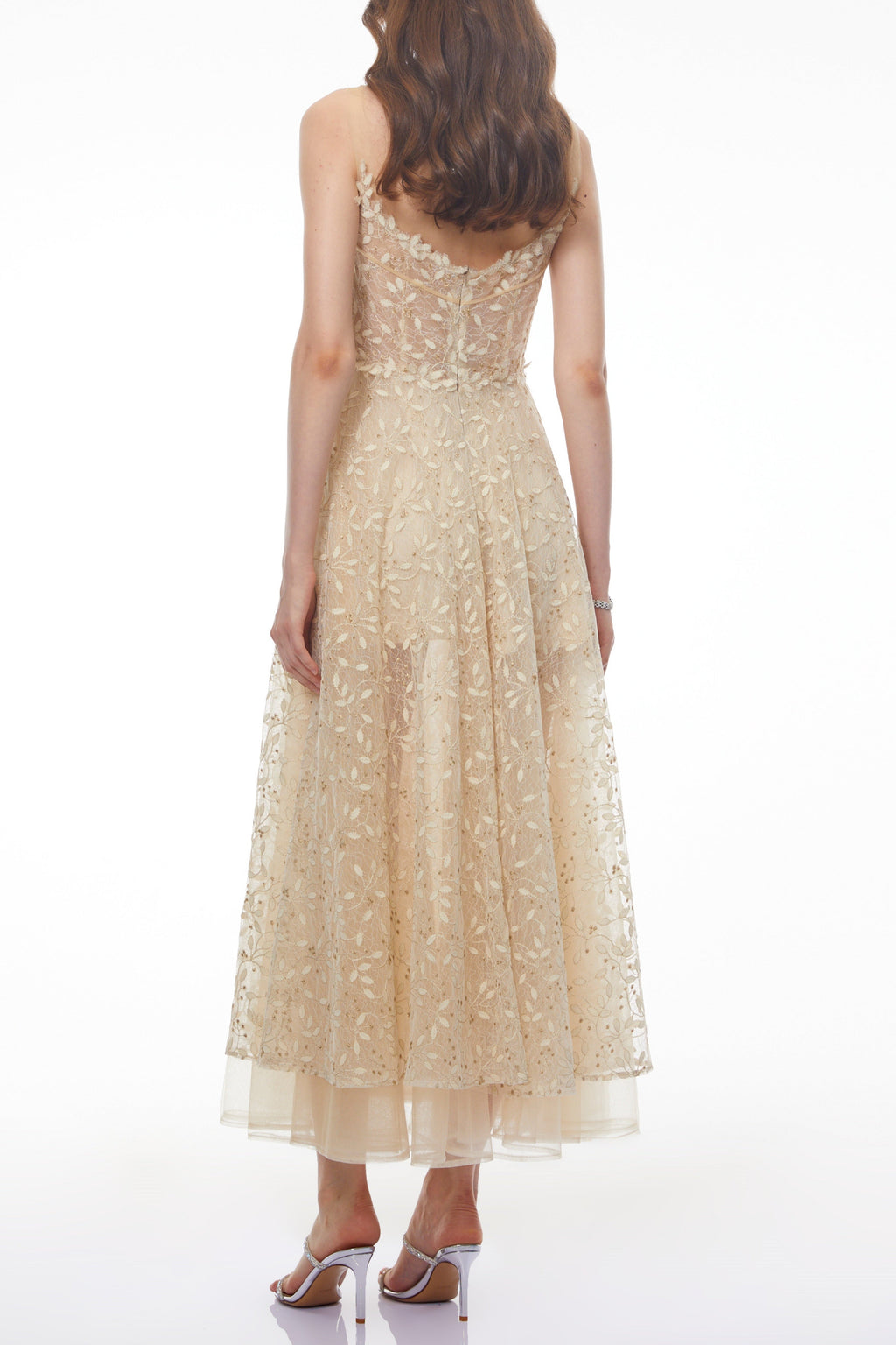 Gabriella Champagne Tulle Maxi Dress with 3D Petals Avalabel