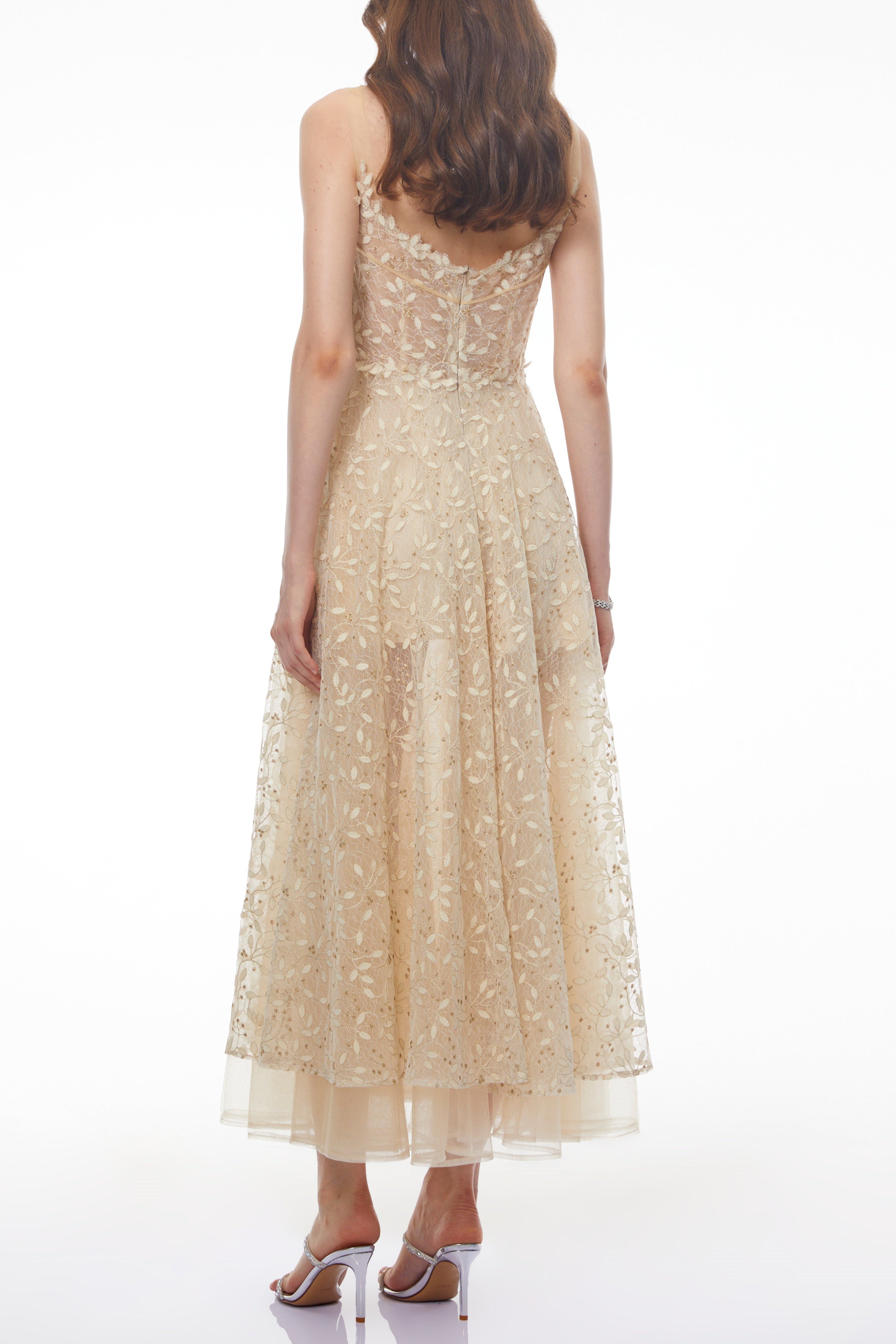 Gabriella Champagne Tulle Maxi Dress with 3D Petals Avalabel