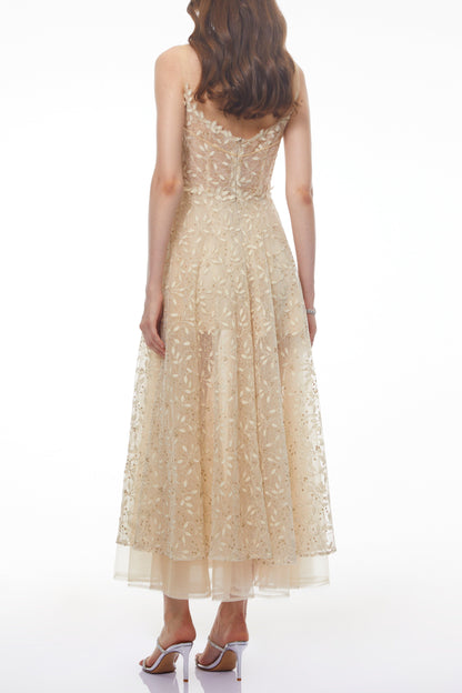 Gabriella Champagne Tulle Maxi Dress with 3D Petals