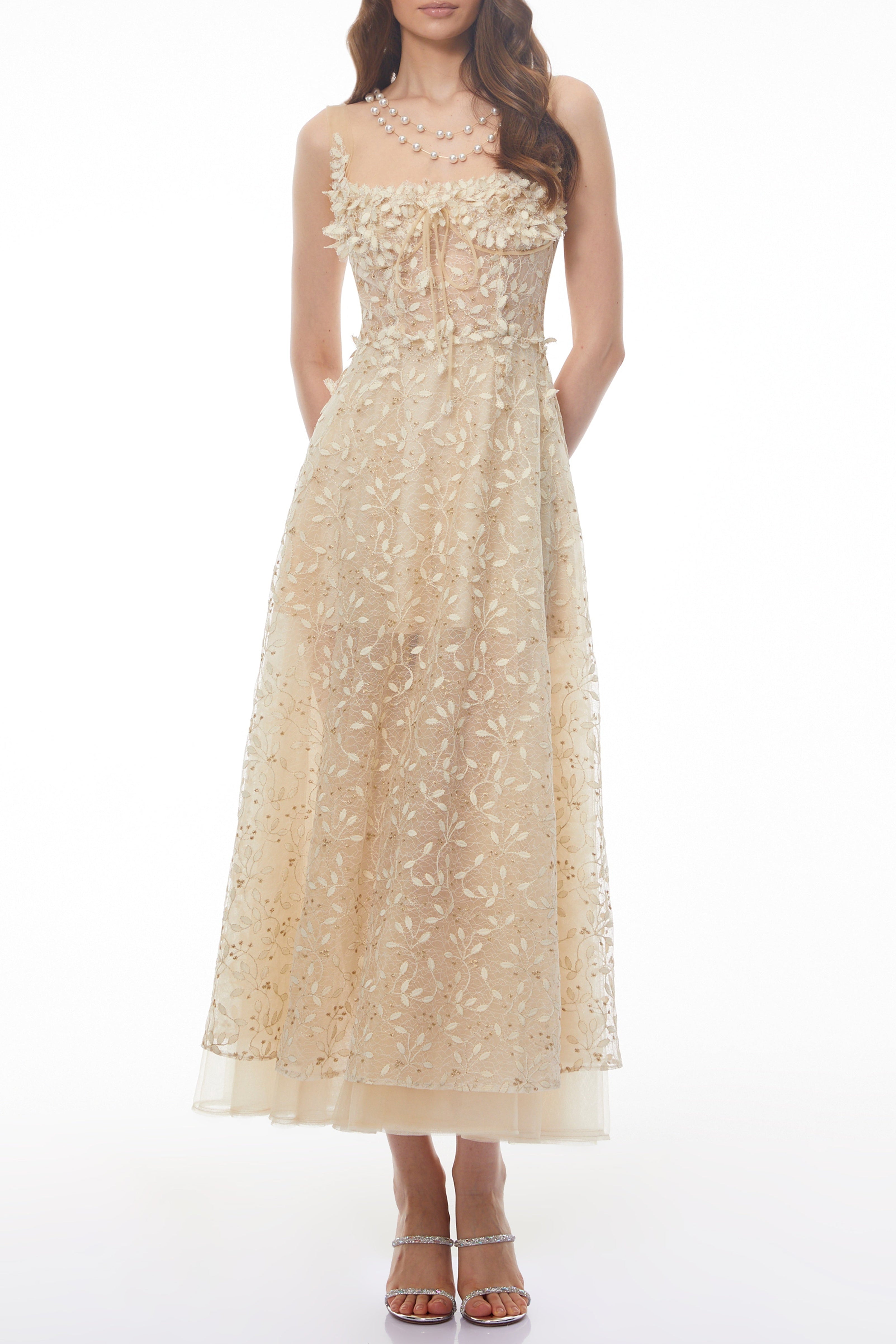 Gabriella Champagne Tulle Maxi Dress with 3D Petals Avalabel