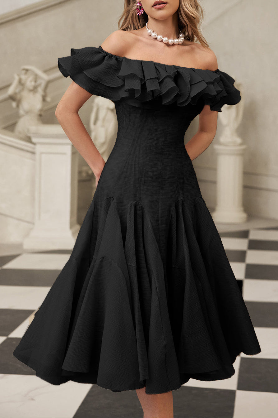 apphia Off Shoulder Ruffle Midi Dress In black Avalabel