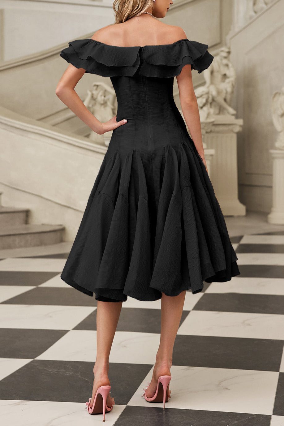 apphia Off Shoulder Ruffle Midi Dress In black Avalabel