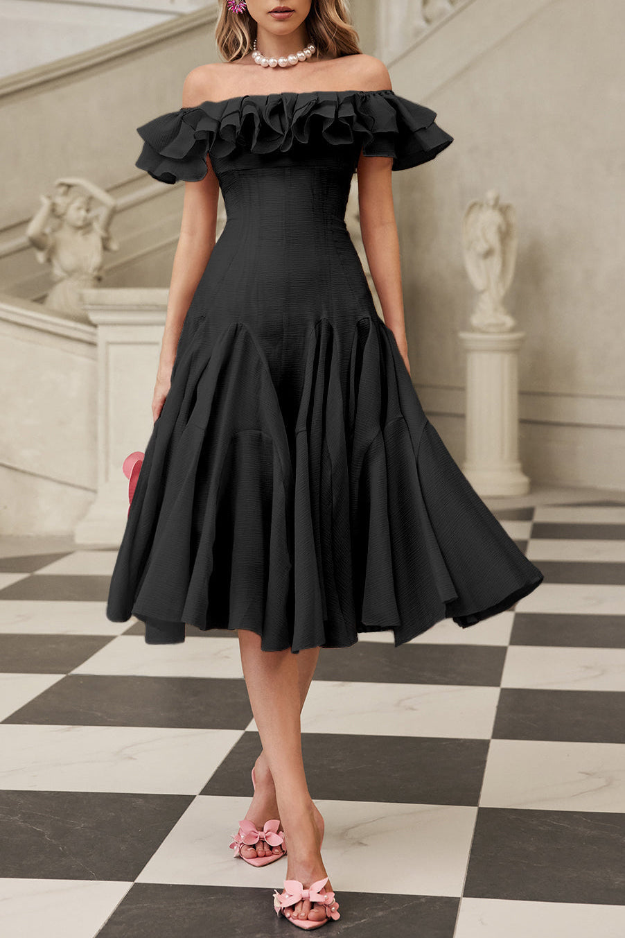 apphia Off Shoulder Ruffle Midi Dress In black Avalabel