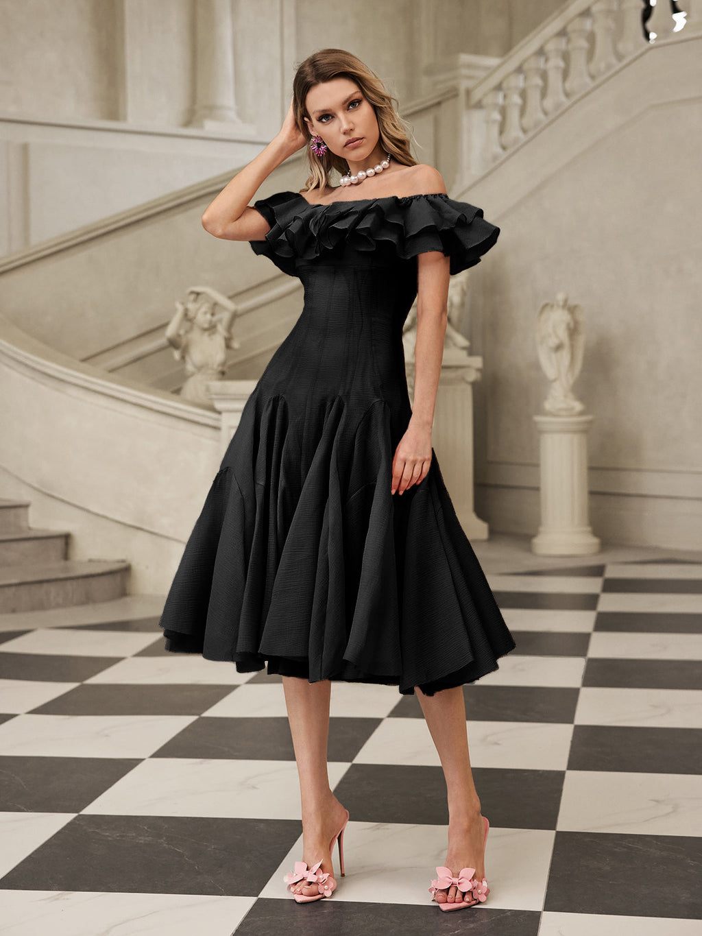 apphia Off Shoulder Ruffle Midi Dress In black Avalabel