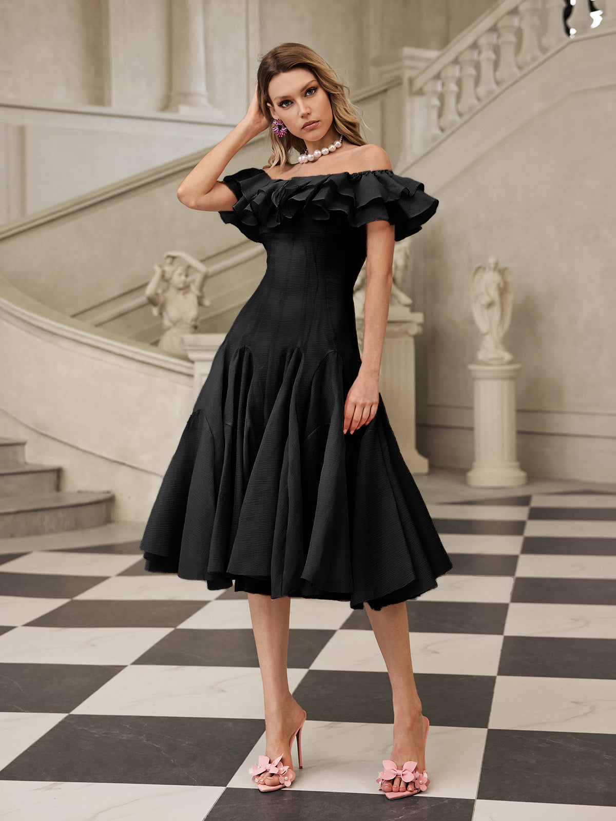 apphia Off Shoulder Ruffle Midi Dress In black Avalabel