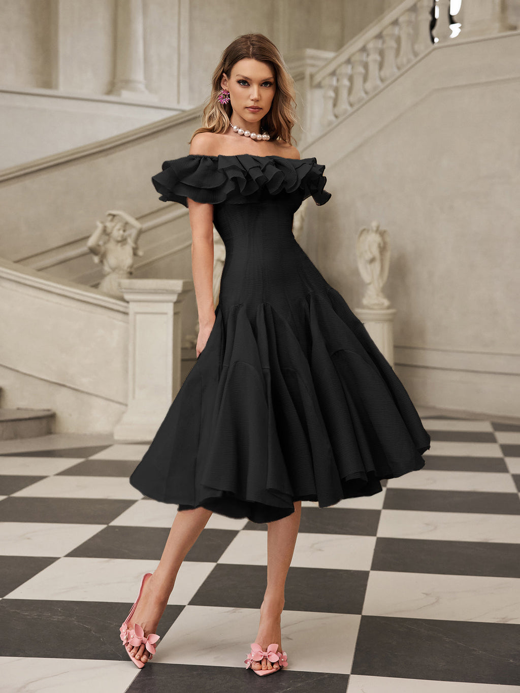 apphia Off Shoulder Ruffle Midi Dress In black Avalabel