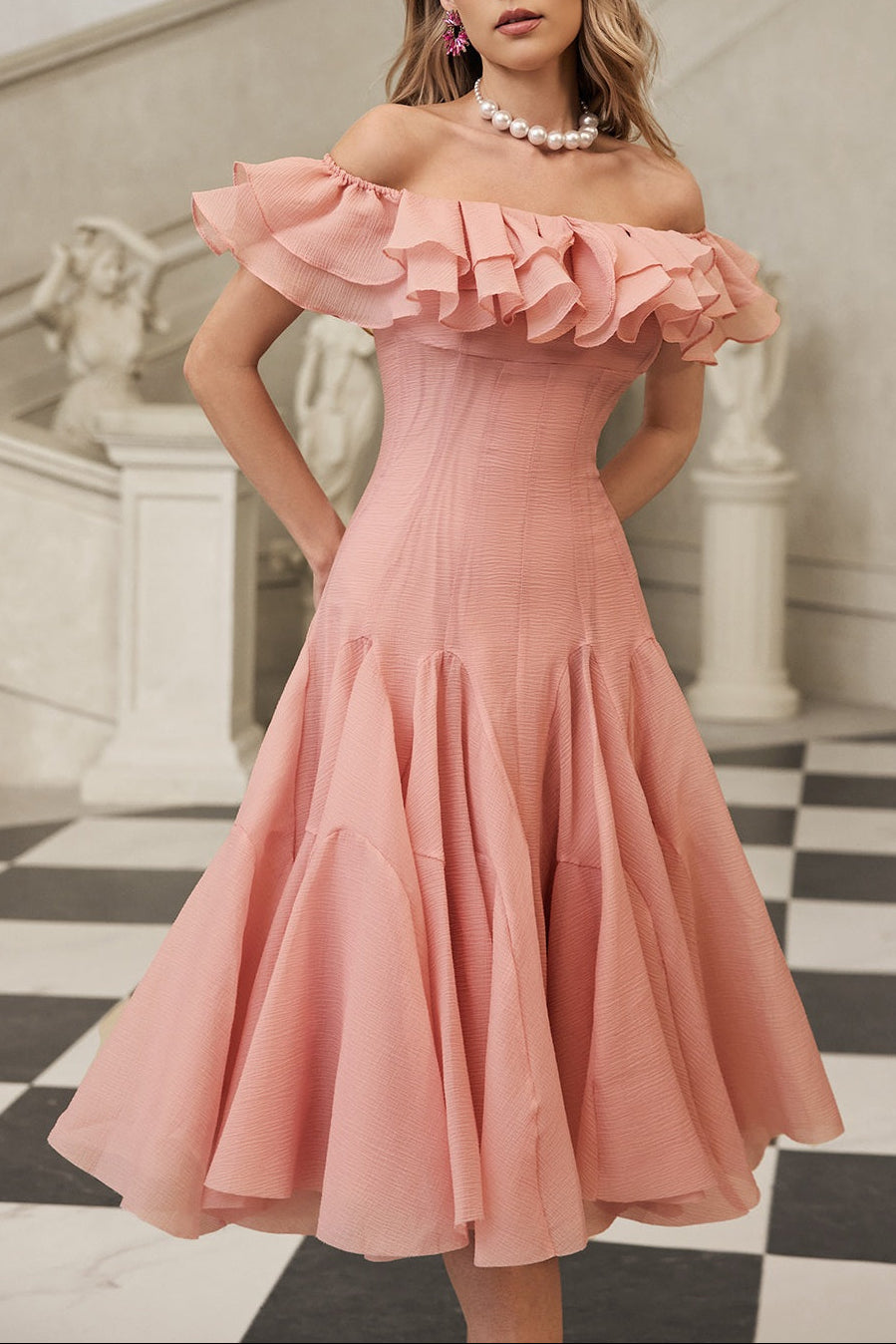 apphia Off Shoulder Ruffle Midi Dress In pink Avalabel
