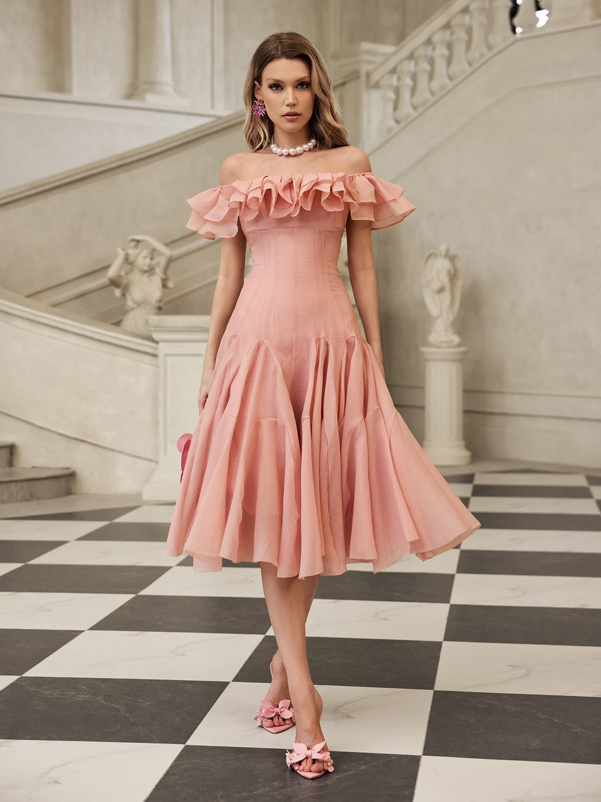 apphia Off Shoulder Ruffle Midi Dress In pink Avalabel