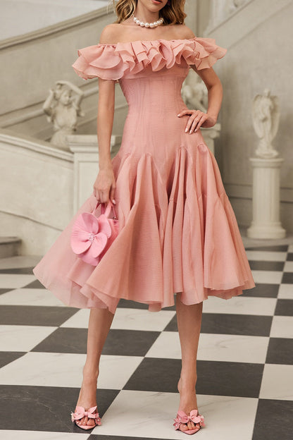 apphia Off Shoulder Ruffle Midi Dress In pink
