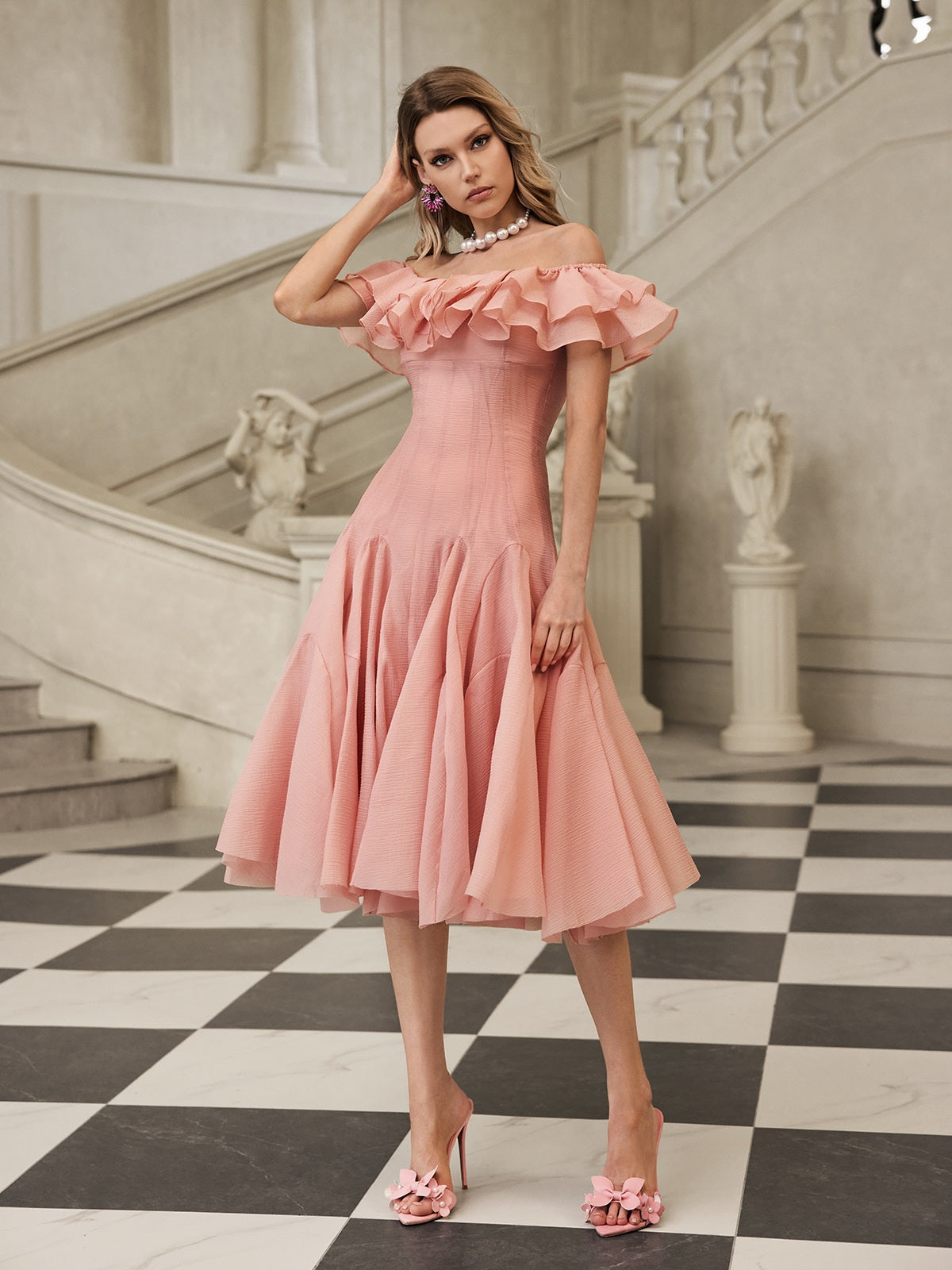 apphia Off Shoulder Ruffle Midi Dress In pink Avalabel