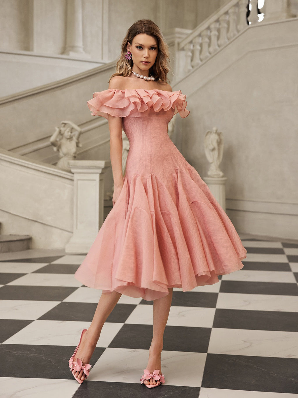 apphia Off Shoulder Ruffle Midi Dress In pink Avalabel