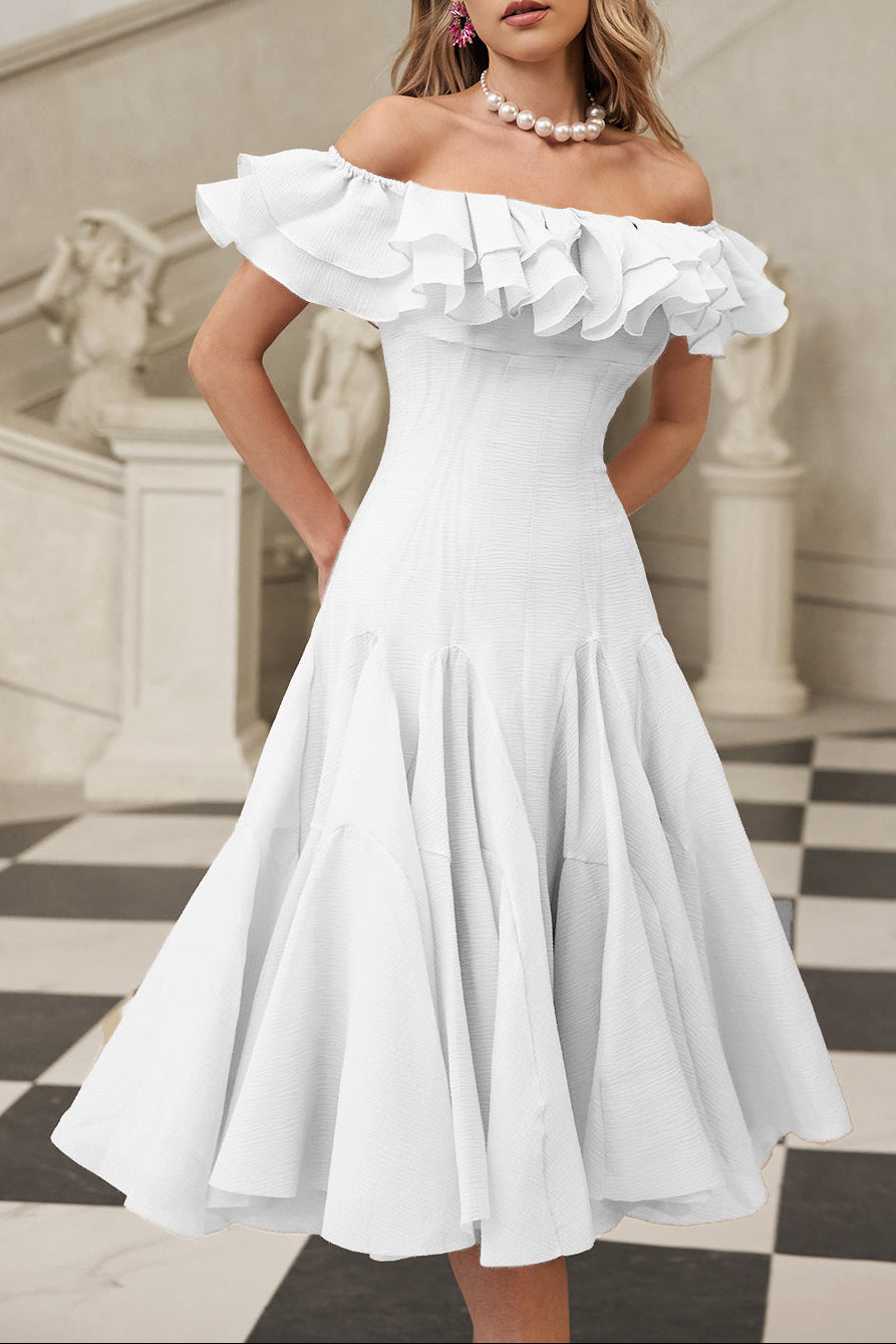 apphia Off Shoulder Ruffle Midi Dress In white Avalabel
