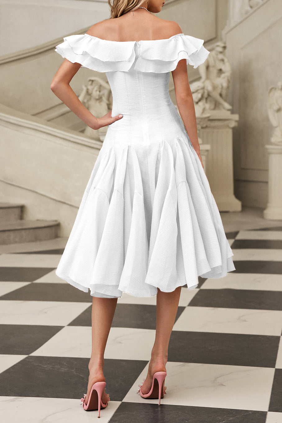 apphia Off Shoulder Ruffle Midi Dress In white Avalabel
