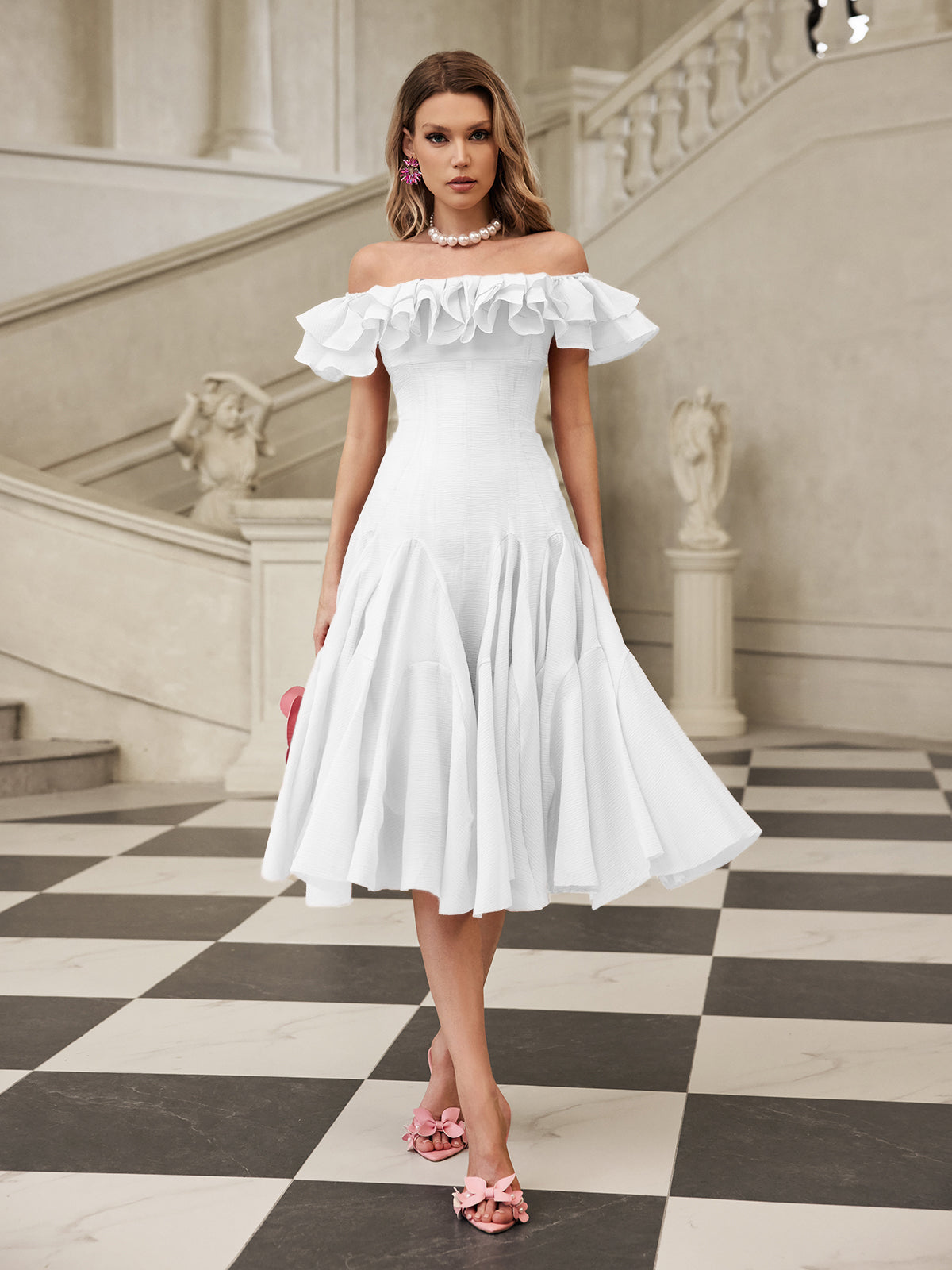 apphia Off Shoulder Ruffle Midi Dress In white Avalabel