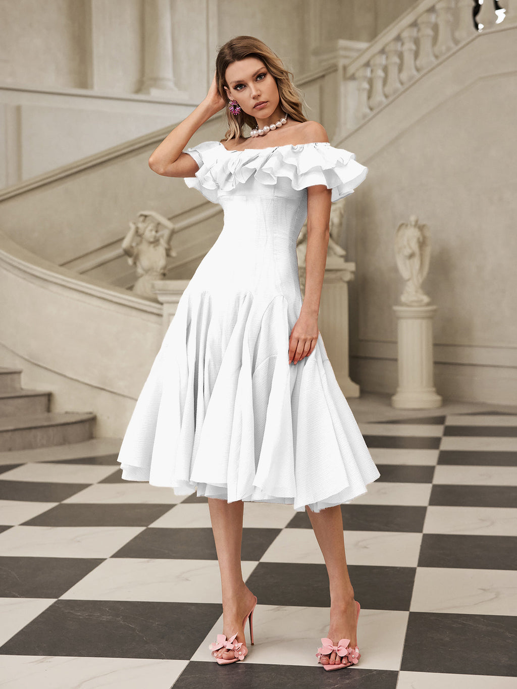 apphia Off Shoulder Ruffle Midi Dress In white Avalabel